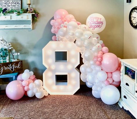 #8 birthday marquee number with pink, white and pearl balloon garland. Balloons And Marquee Numbers, Balloons With Marquee Numbers, Marquee Numbers With Balloon Garland, 60 Marquee Numbers With Balloons, 16 Marquee Numbers With Balloons, Pearl Balloons, Birthday Display, Marquee Sign, Event Backdrop