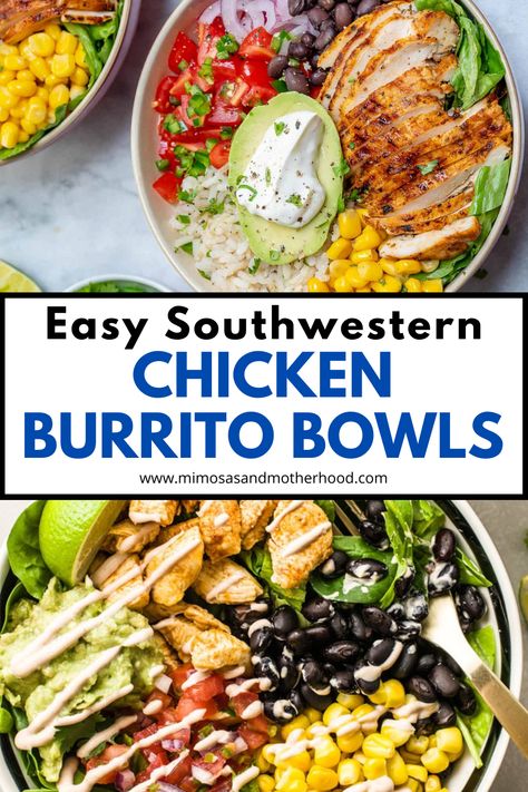 These Southwestern Chicken Burrito Bowls are so easy to make! They’re great for a quick and easy weeknight dinner or lunch on the go, and take less than 15 minutes to put together. #easyrecipes #easydinner #southwesternfood #texmex #recipeswithleftovers #homemadetakeout #moeshack #burritoinabowl Southwest Power Bowl, Light Healthy Chicken Recipes, Baja Bowl With Chicken, South West Chicken Bowl, Southwest Burrito Bowl, Southwest Chicken Bowl Recipe, Southwestern Bowl Recipe, Southwestern Chicken Bowl, Grilled Chicken Burrito Bowl