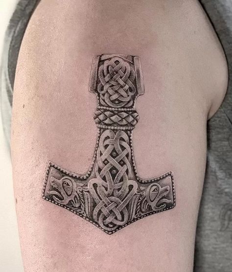 Mjölnir Tattoos: Educational and Inspiring Ideas Thors Hammer Tattoo, Thor Hammer Tattoo, Mjolnir Tattoo, Tattoo Odin, Viking Tattoos For Men, Thor Tattoo, Hammer Tattoo, Viking Warrior Tattoos, Scandinavian Tattoo