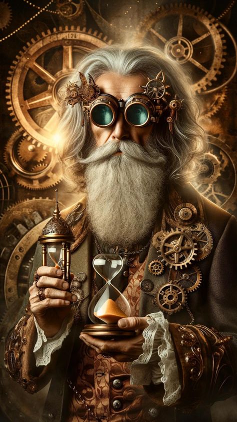 Meet Father Time in a steampunk guise, a master of both clocks and gears. With a beard of rusted cogs and an hourglass of antiquity, he oversees the march of moments in a world where past and future unite in intricate harmony. Father Time Character Design, Punk Character Design, Steampunk Alice In Wonderland, Steampunk Wallpaper, Steampunk Machines, Steampunk Mixed Media Art, Steampunk Drawing, Steampunk Images, Steampunk Illustration