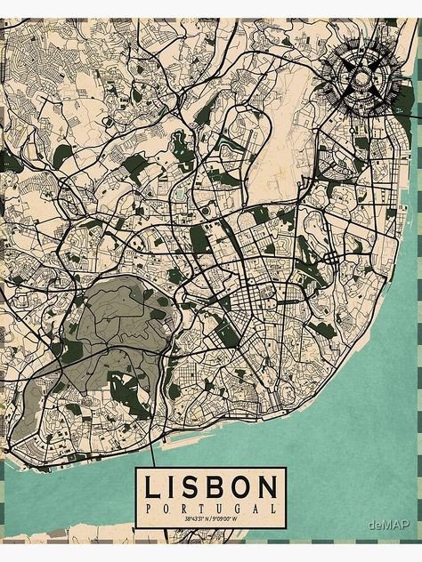 "Lisbon City Map of Portugal - Vintage" Poster by deMAP | Redbubble Map Of Portugal, City Map Drawing, Lisbon Map, Ancient World Maps, Portugal Map, City Posters, Lisbon City, Aura Colors, Albufeira