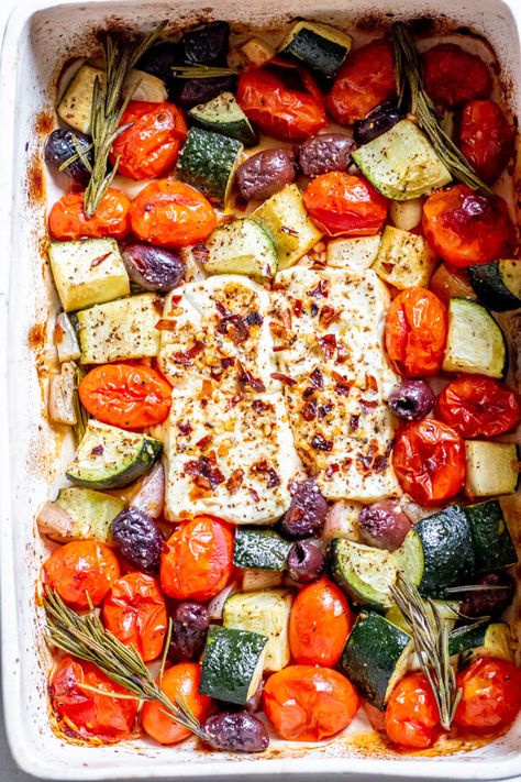 Healthy Baked Feta Pasta, Baked Feta Tomatoes, Roasted Feta Veggies, Baked Feta Zucchini Pasta, Oven Feta Pasta, Feta Veggie Bake, Baked Feta Pasta Recipes, Zucchini Feta Bake, Baked Feta Recipes