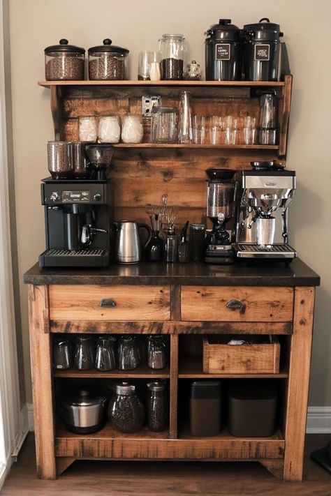 "Build a custom DIY Coffee Bar for your home! ☕🛠️ Perfect for organizing your coffee essentials. #CoffeeBarInspiration #DIYHomeProjects #CoffeeSetup" Manly Coffee Bar, Cafe Bar Design Home, Coffee Bar Set Up In Kitchen, At Home Barista Bar, Guest Coffee Station, Coffee Bar At Home Ideas, Dark Academia Coffee Bar, Coffee Bar Home Ideas, Salon Coffee Station