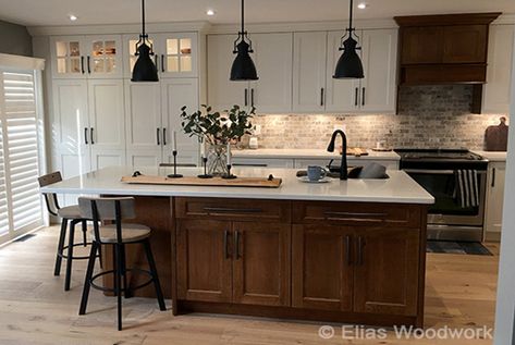 White Cabinets Walnut Island, Cherry Island White Cabinets, White Cabinets With Walnut Island, White Kitchen With Walnut Accents, White Kitchen Walnut Island, White Kitchen With Walnut Island, Cherry And White Kitchen, White And Maple Kitchen, Cherry Kitchen Cabinets Farmhouse