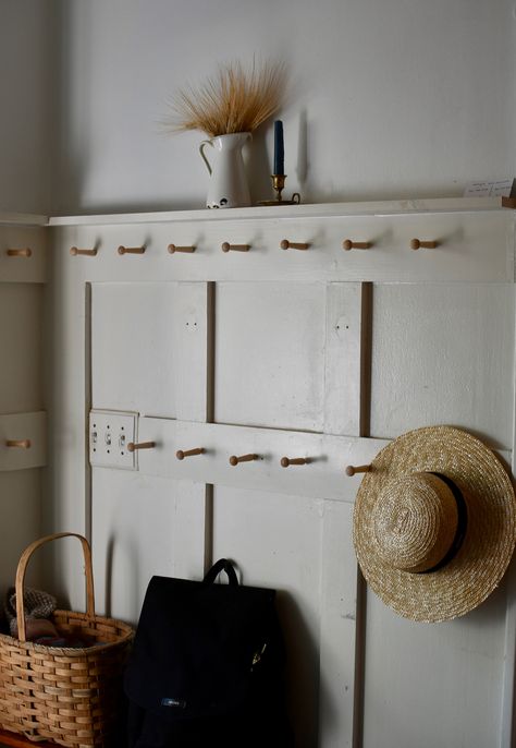 Simple Shaker Storage Solutions | On Making A Peg Rail Entryway » Homesong Townley Terrace, Autumn Waldorf, Shaker Storage, Stairs Pantry, Domestic Art, Window Stars, Shaker Peg Rail, Sherwin Williams Extra White, Baseboard Styles