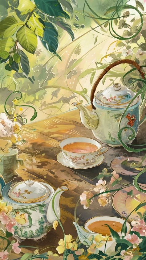 Immerse yourself in this exquisite illustration of a tea ceremony, beautifully blending Impressionist brush strokes with Art Nouveau patterns. Delicate porcelain teapots and floral designs set the scene, bathed in soft sunlight and surrounded by vibrant blossoms. This artwork captures the essence of tea culture, offering a serene escape into nature's beauty. Perfect for tea lovers and art enthusiasts. #TeaCeremony #Impressionism #ArtNouveau #NatureArt Forest Tea Party Illustration, Tea Party Wallpaper, Tea Party Illustration, Tea Party Art, Tea Time Illustration, Tea Wallpaper, Tea Illustration, Art Nouveau Pattern, Autumn Tea