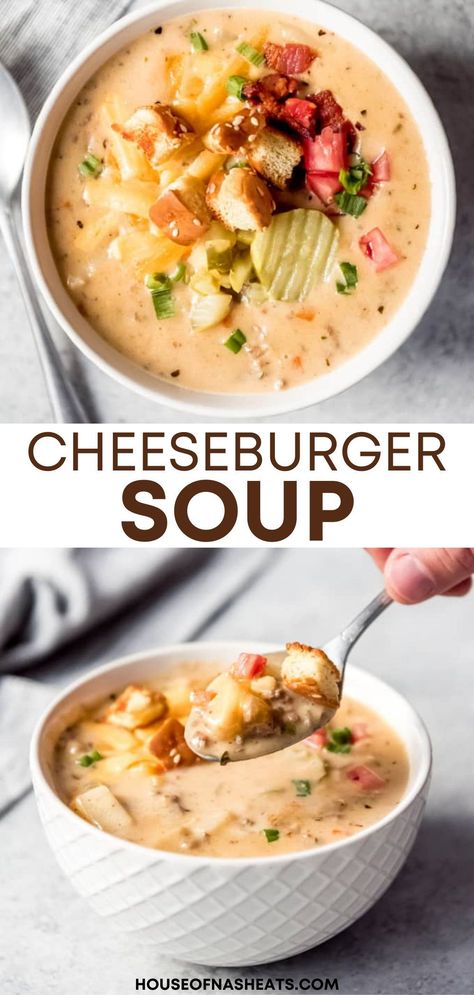 Cheeseburger Soup is loaded with all our favorite burger fixings and flavors in a bowl! It's a hearty, creamy, comforting soup that my whole family loves on cool nights! | easy cheeseburger soup recipe | cheeseburger soup recipe with bacon | bacon cheeseburger soup | cheeseburger soup dutch oven | cheeseburger soup in dutch oven | cheeseburger soup with pickles | cheeseburger dill pickle soup | best winter soups | best winter soup recipes Soup Cheeseburger, Burger Fixings, Soup Hamburger, Cheeseburger Soup Recipe, Ground Beef Potatoes, Soup Recipe Easy, Soup With Bacon, Soup Crockpot, Beef Potatoes