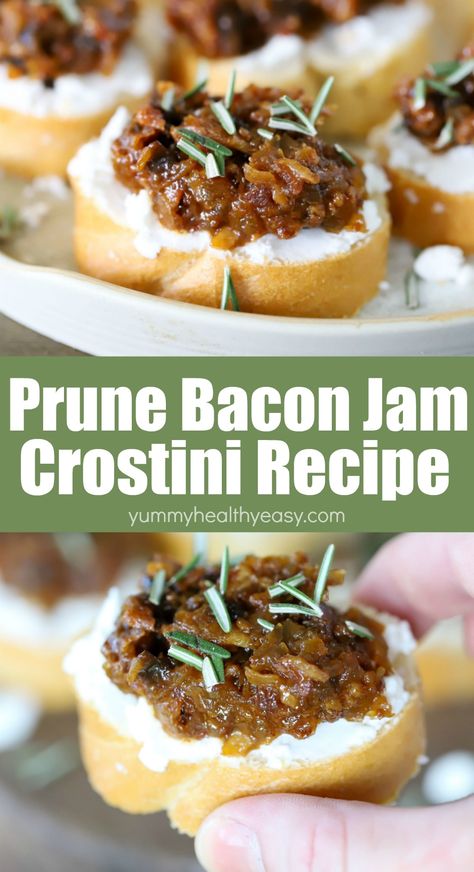 This California Prune Bacon Jam Crostini Recipe is absolutely scrumptious! It might sound a little different from a normal crostini - but the flavors of prunes, bacon & goat cheese on a toasted baguette are absolutely INCREDIBLE together. You will love it!  #appetizer #prunes #goatcheese #baguette #crostini #bacon #jam #yummy #recipe #easy Round Appetizers, Bacon Jam Crostini, Bacon Jam Appetizer, Jam Appetizer, Cranberry Crostini, Crowd Pleaser Appetizers, Crostini Appetizer, Crostini Recipe, Toasted Baguette