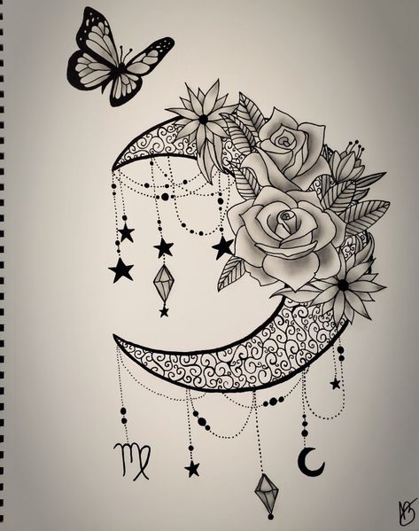 Moon And Virgo Tattoo, Moon And Skull Tattoo, Half Moon Tattoo With Flowers, Virgo Moon Tattoo, Moon Dreamcatcher Drawing, Moon And Flowers Drawing, Astrology Tattoo Virgo, Hot Tattoo Ideas Female, Astrology Sketches