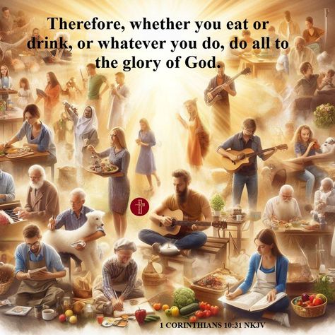 OUR DAILY BREAD 1 CORINTHIANS 10:31 NKJV " Therefore, whether you eat or drink, or whatever you do, do all to the glory of God. " 1 Corinthians 10:31 is a powerful verse that provides guidance for how Christians should approach their daily lives. Let’s explore its meaning: In essence, this verse emphasizes that every aspect of our lives —whether mundane or significant — should be lived with the intention of bringing glory to God. Here’s a deeper explanation: 1 - Context : * - Paul, the ap... Give God The Glory, Crown Of Life, Glory To God, The Glory Of God, Glory Of God, Our Daily Bread, Daily Bread, The Glory, Our Life