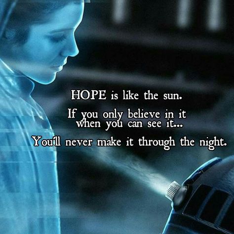 HOPE is like the sun. If you only believe in it when you see it..... You'll never make it through the night. May the Force be with you. #PrincessLeia #TheLastJedi Star Wars Motivational Quotes, May The Force Be With You Tattoo, The Force, May The Force Be With You, Star Wars Love Quotes, Star Wars Quotes Inspirational, Princess Leia Quotes, General Leia Organa, Sun Quotes