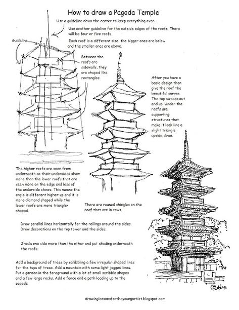 See more at the blog: http://drawinglessonsfortheyoungartist.blogspot.com/,  How to Draw Worksheets for The Young Artist: How to Draw A Japanese Pagoda Temple Worksheet and Drawing lesson Pagoda Temple, Japanese Pagoda, Architecture Drawing Sketchbooks, Drawing Lesson, Architecture Sketchbook, Architecture Drawing Art, Basic Drawing, Japanese Architecture, Landscape Drawings