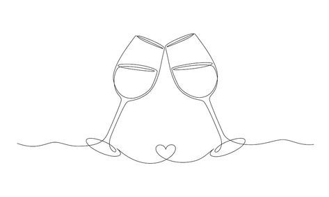 One Line Drawing Wedding, Cheers Drawing, Cheers Tattoo, Heart Line Drawing, Wedding Line Art, Wedding Doodles, Line Art Wedding, Golden Tattoo, Wine Glass Tattoo