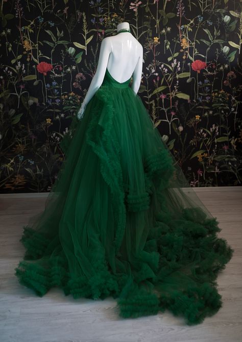 Forest Prom Dress, Enchanted Forest Prom Dress, Enchanted Forest Prom, Unique Dress Design, Green Ball Gown, Tulle Prom Dresses, 2021 Prom Dresses, Ruffle Prom Dress, Halter Prom Dresses