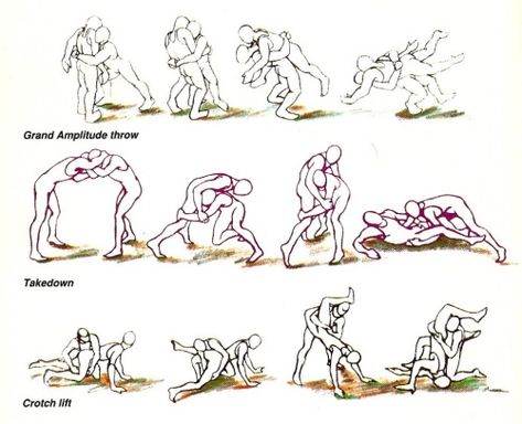 Wrestling moves! Wrestling Stretches, Wrestling Poses Reference Drawing, Wrestling Moves Chart, Wrestling Drawing Reference, Pro Wrestling Moves, Wrestling Sketch, Wrestling Poses Reference, Fencing Drawing, Wrestling Drawings