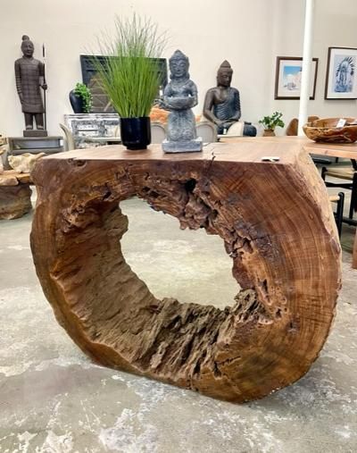 Our Manchu console, a solid teak root wonder, measures 44" wide by 22" deep by 35" high. This one of a kind piece is perfect for an entryway or standing alone in all its natural splendor.  From Indonesia. Rustic Wood Crafts, Wood Working Projects, Wooden Console Table, Log Furniture, Wood Project, Small Wood Projects, Driftwood Art, Woodworking Designs, Easy Woodworking Projects