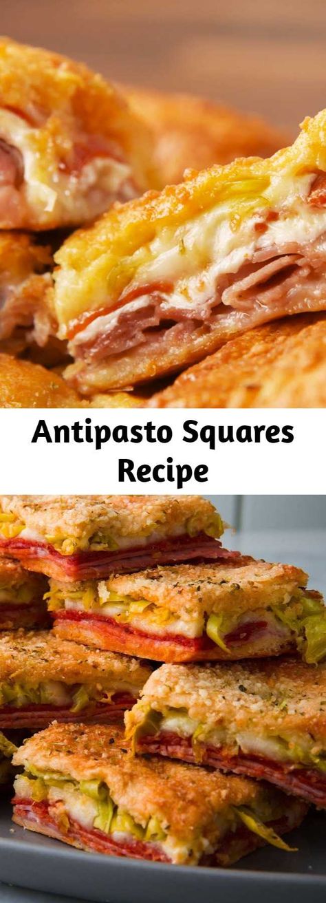 Antipasto Pizza, Pizza Squares, Antipasto Squares, Easy Sliders, Easy Antipasto, Eggplant Rollatini Recipe, Tasty Appetizers, Breakfast Cookie Recipe, Antipasto Salad