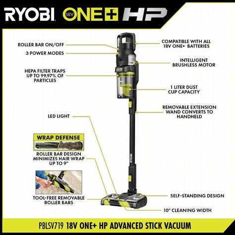 18V ONE+ HP ADVANCED STICK VACUUM KIT - RYOBI Tools Best Hardwood Vacuum, Best Cordless Stick Vacuum, Wireless Vacuum, Best Cordless Stick Vacuum 2022, Ryobi Tools, Eufy Robot Vacuum, Pet Dander, Stick Vacuum, Hepa Filter