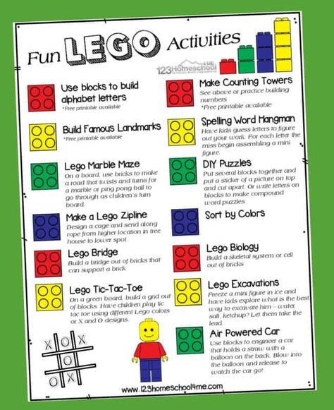 poster filled with Lego Activities for Kids Lego Fundraising Ideas, Lego Activities For Kindergarten, Lego Educational Activities, Lego Themed Activities, School Lego Club, Lego Week Activities For Kids, Lego Therapy Activities, Lego Club Ideas Lesson Plans, Lego Worksheets