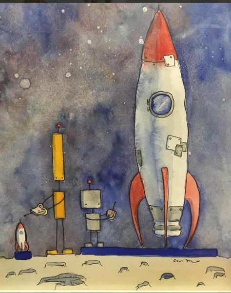 Water Color of two robots playing with some Rocket Ships in Space Painted Rocket Ship, Rocket Drawing Illustration, Spaceship Watercolor, Rocket Watercolor, Rocket Ship Painting, Rocket Ship Drawing, Rocket Painting, Astronaut Watercolor, Rocket Drawing