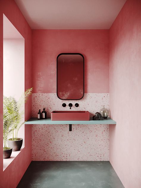 Two-Toned Walls In Bathroom Trend – Paint And Tile Ideas Hot Pink Bathrooms, Blush Bathroom, Pink Bathroom Tiles, Colorful Bathrooms, Pink Bathrooms Designs, Bathroom White, Bad Inspiration, Interior Minimalista, Pink Tiles