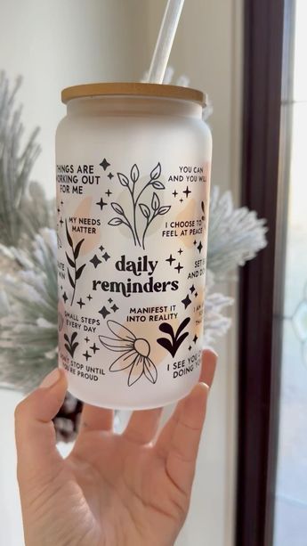 Manifest it into Reality! Daily Reminders glass tumbler! Small Business Manifestation, Glass Tumbler Ideas, Crafts Business Ideas, Cricut Glass Cups, Self Love Gifts, Sublimation Cups, Frosted Tumbler, Positive Daily Affirmations, Glass Tumbler Design