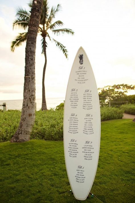 Want to try and use one of Tim’s boards somehow! Not sure if we will have a seating chart like this but also looks cool as a bar or high top table option for cocktail time?? Surf Wedding, Family Style Weddings, Seating Chart Ideas, Reception Seating Chart, Beach Wedding Decorations Reception, Wedding Reception Seating, Chart Ideas, Reception Seating, Trendy Beach