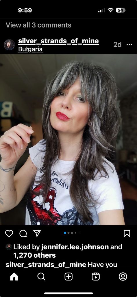 Randa Rivera Hair, Shag With Chunky Highlights, Grey Reverse Ombre Hair, Gray Bangs Dark Hair, Shag Grey Hair, Rock Star Hair, Haircut Gray Hair, Long Shag Haircut, Grey Hair Inspiration