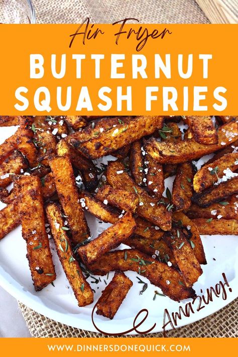 Enjoy crispy homemade butternut squash fries in your air fryer! They are a unique way to use a fall squash as a side dish! #dinnersdonequick #butternutsquashfries #butternutsquashfriesairfryer #airfrybutternutsquashfries #butternutsquashfriesrecipes #butternutsquashfrenchfries #butternutsquashfriescrispy #howtomakebutternutsquashfries #squashfries Honey Nut Squash Air Fryer, Air Fry Acorn Squash, Air Fry Butternut Squash, Butternut Squash In Air Fryer, Butternut Squash Air Fryer, Air Fryer Squash, Air Fryer Butternut Squash, Fries In The Air Fryer, Roasted Red Cabbage