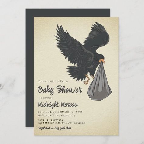 $2.92 | Crow Gothic Baby Shower Invitation | Halloween Invitations | halloween baby shower, spooky, gothic, goth, crow, birds, raven, creepy, october Spooky Baby Shower Invitations, Bat Themed Baby Shower Ideas, Bat Baby Shower Ideas, Gothic Baby Announcement, Moody Baby Shower Ideas, Goth Pregnancy Announcement, Black Baby Shower Ideas, Witchy Baby Shower Ideas, Gothic Baby Shower Ideas