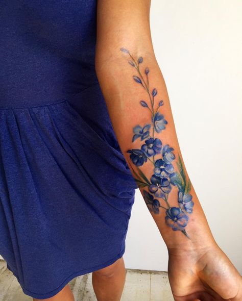 Small Tattoos Arm, Floral Watercolor Tattoo, Tattoo Fairy, Larkspur Tattoo, Pretty Flower Tattoos, Sunflower Tattoo Shoulder, Flower Tattoo Arm, Flower Tattoo Sleeve, Tattoos Skull