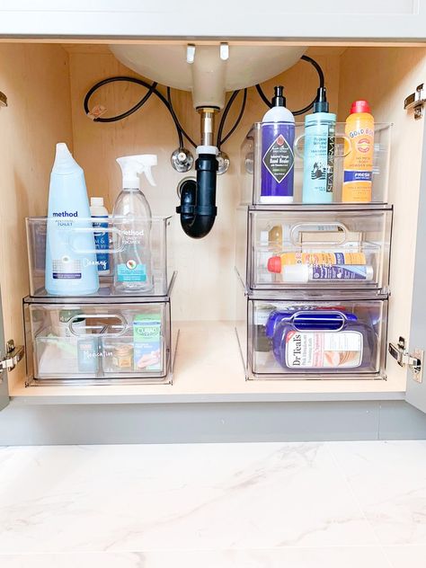 Bathroom Organization 101 — Life in Jeneral The Home Edit Bathroom, Home Edit Bathroom, Bathroom Sink Storage Ideas, Sink Storage Ideas, Makeup Storage Drawers, Under The Sink Organization, Stacking Bins, Bath And Shower Products, Bathroom Sink Storage