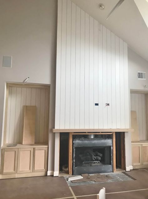 Vertical Shiplap Over Fireplace, Vertical Paneling Fireplace Wall, Shiplap Vertical Fireplace, Vertical Shiplap On Fireplace, Vertical Shiplap Above Fireplace, Fireplace With Vertical Shiplap, Textured Fireplace Wall, Beadboard Fireplace, Vertical Shiplap Fireplace