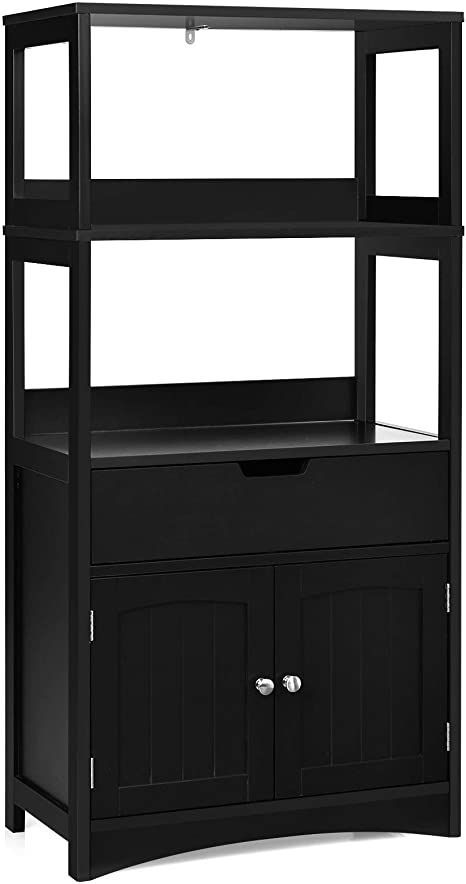 Tangkula Bathroom Floor Cabinet with Drawer, 2 Open Shelves and Door Cupboard, Multipurpose Free Standing Storage Cabinet for Bathroom Kitchen Living Room, 24 x 13 x 48 inch (Black) Cabinet For Bathroom, Entryway Storage Cabinet, Microwave Cart, Bathroom Floor Cabinet, Free Standing Storage, Cabinet For Living Room, Bathroom Floor Cabinets, Furniture Storage Cabinets, Floor Cabinet