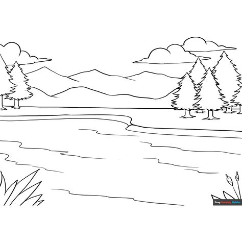 Free Lake Coloring Page for Kids Lake Drawings Easy, Easy Drawing Guides, Tree Coloring, Free Printable Coloring Sheets, Cartoon Trees, Drawing Guides, Scene Drawing, Tree Coloring Page, Kids Print