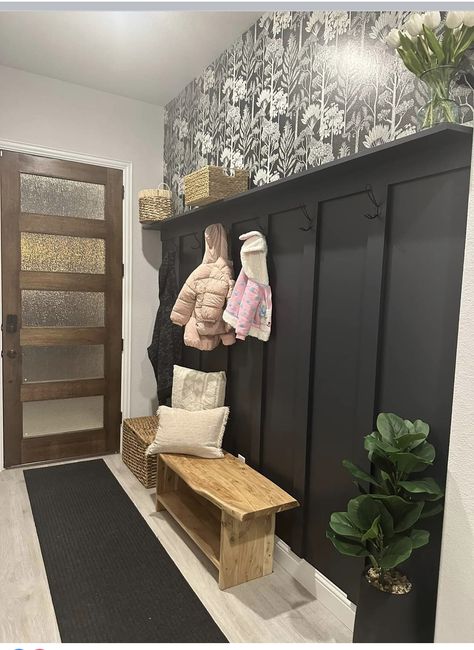 Black Wall Entryway, Entryway Wall Ideas, Black Wainscoting, Dining Room Accent Wall, Laundry Bedroom, Room Accent Wall, California House, Entry Wall, Front Entryway