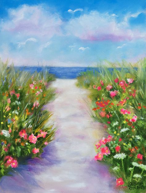 Painting Of Beach, Ocean Art Painting, Plein Air Watercolor, Beach Path, Hydrangea Painting, Beach Art Painting, Watercolor Beginner, Beach Watercolor, Sea Painting