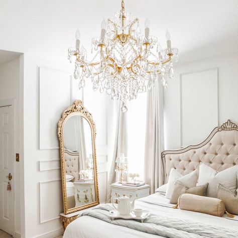 🏰 Your home is your castle, right? Why not decorate it in regal style? That’s the main idea behind royalcore, a hot new lighting and decor trend for 2022. Read more on our blog, Your Highness 👑 Castle Bedroom, Bedroom Beautiful, Paris Bedroom, Maria Theresa, Princess Room, Themed Bedroom, Woman Bedroom, Rococo Style, Gold Chandelier