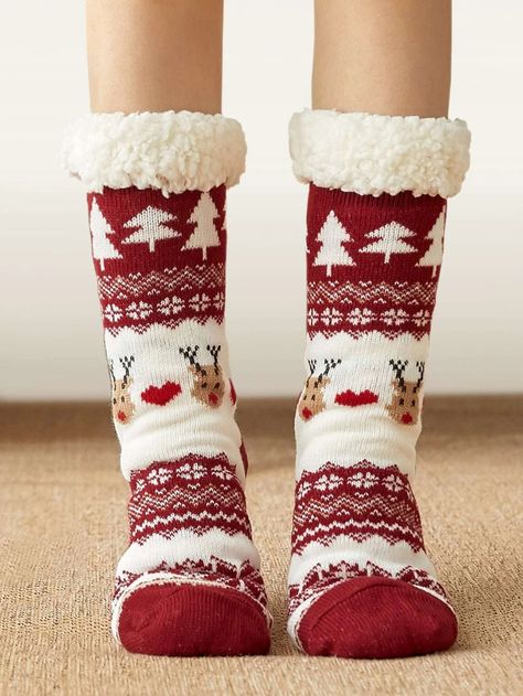 Christmas Cartoon Graphic Crew Socks | SHEIN USA Vogue Kids, Christmas Slippers, Fluffy Socks, Deer Pattern, Deer Design, Women Crew Socks, Fuzzy Socks, Women Socks, Fabric Animals