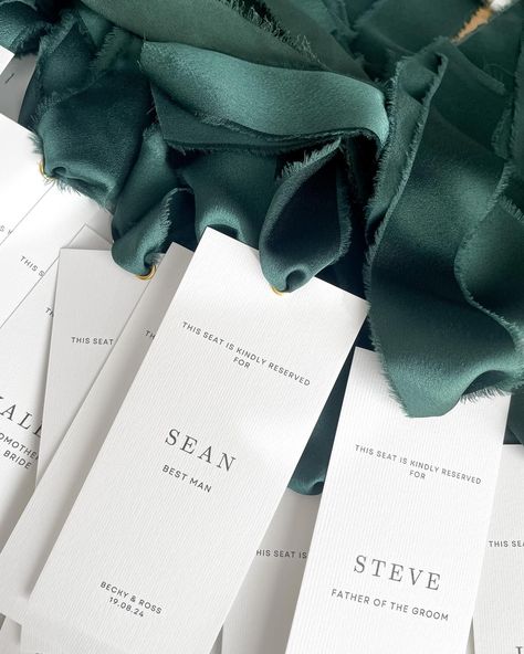 The most gorgeous green silk to finish off these reserved ceremony seat tags 🤍 . #weddingstationery #reservedseating #weddinginspo #weddinginspiration #weddingdecor #inspo #weddingday #bridetobe #groom . Wedding table | Tablescape | Bride to be | Wedding Day Ceremony Seat Reservation, Reserved Seating Wedding, Minimal Wedding Invitation, Reserved Seating, Ceremony Seating, Minimal Wedding, Wedding Stationary, Bride To Be, Green Silk