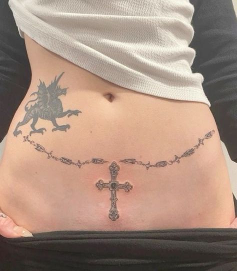 V Line Tattoos, Celtic Cross Tattoos, Chain Tattoo, Cross Tattoo Designs, V Line, Stomach Tattoos, Up Tattoos, Cross Tattoo, Cover Up Tattoos