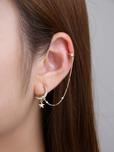 Gold Long Chain, Ear Cuff Chain, Kawaii Earrings, Ear Jacket Earring, Star And Moon, Star Chain, Wrap Earrings, Climber Earrings, Silver Pin