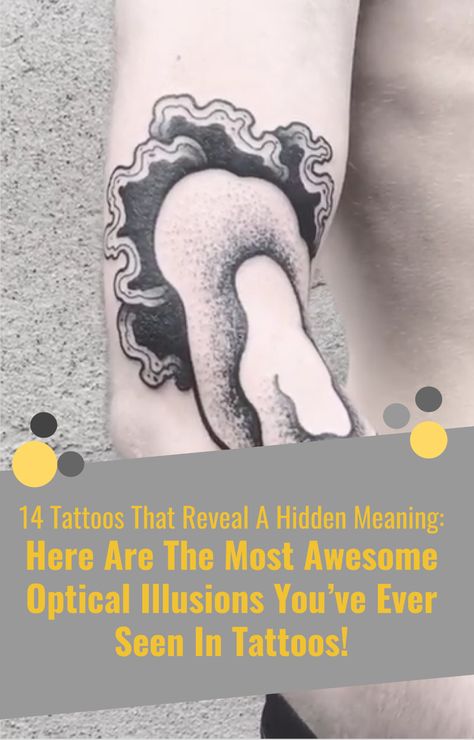 Tattoo, open up ! In the following 14 tattoos, you only recognize the whole tattoo when it "opens" its hidden content. At first, you might think these are just regular tattoos. But as soon as the person moves, the tattoo completely changes it's form and sometimes meaning! Which one do you like the most? #hidden #content #tattoo #trick #illusion #art #opticalillusion #artist #trick #lifestyle #arm #body #meaning #content #awesome #fascination #blackwhite #inspiration #trends Hidden Image Tattoo, Small Illusion Tattoo, Illusion Tattoos For Women, Perspective Tattoo Illusions, Small Optical Illusion Tattoo, Content Tattoo, Perspective Tattoos, Illusion Tattoos, Optical Illusion Tattoo