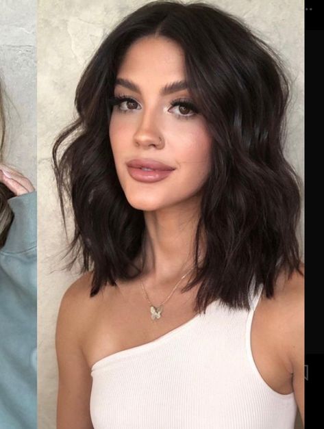 Dark Collarbone Length Hair, Dark Brown Medium Bob, Short Center Part Hair, Shoulder Length Haircut No Layers, Mom Chop Hair Brunette, Shoulder Length Hair Cuts 2024, Medium Length Haircut For Round Faces Trending Hairstyles, Collar Length Hairstyles, Color Bone Length Hair