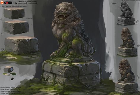 ArtStation - Stone block & Stone Lion, Dongjun Lu Lion Statue, Stone Lion, Time Video, Stone Blocks, Hand Painted Textures, Prehistoric Art, Stone Statues, Fantasy Setting, Digital Painting Tutorials