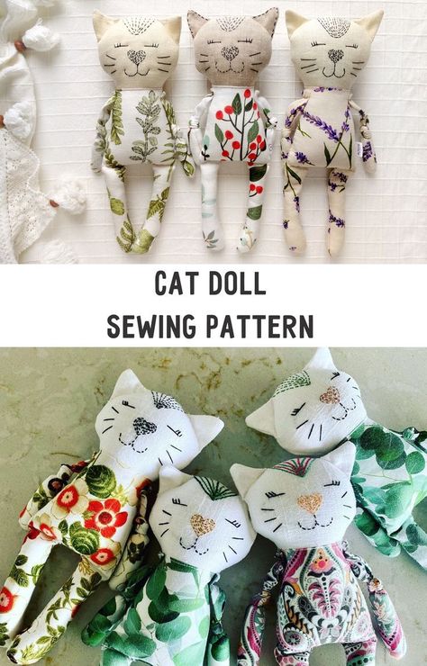 Cat Doll Sewing Pattern, Animal Rag Doll, Cat Sewing Pattern, Cat Sewing, Animal Sewing Patterns, Sewing Stuffed Animals, Sew Ins, Doll Sewing, Fabric Toys