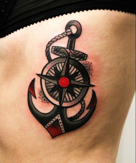 Black anchor with centered wheel tattoo on rib-side - Tattooimages.biz Wheel Tattoo, Red Heart Tattoos, Anchor Tattoo Design, Creative Tattoo, Anchor Tattoo, Side Tattoos, Header Pictures, Black Tree, Rib Tattoo