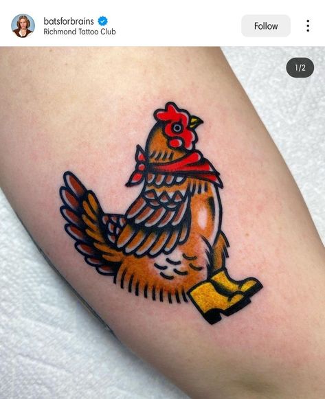 Hen Tattoo, Farm Tattoo, Chicken Tattoo, Cow Tattoo, Traditional Tattoo Designs, Stomach Tattoos, Old Tattoos, Traditional Tattoo Flash, Funny Tattoos