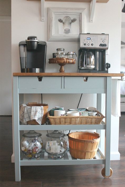 7 Brilliant IKEA Hacks to Organize Your Kitchen | Running out of counter space? Use a storage cart in a soft custom color to create the perfect nook stocked with all of the necessary supplies for preparing the ultimate cup of cocoa, java, or tea. #kitchenideas #trending #detail #interiordesign #decorideas #realsimple Diy Coffee Bar Cart, Kaffe Station, Coffee Bar Cart, Vstupná Hala, Organiser Cucina, Diy Coffee Station, Coffee Diy, Coffee Bar Station, Diy Coffee Bar