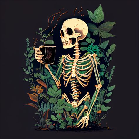 Skeleton Sipping Coffee Surrounded by Plants Skeleton Artwork, Skeleton Illustration, Cute Skeleton, Skull Illustration, Skeleton Art, Beautiful Dark Art, Cool Sketches, Plant Illustration, Art Challenge